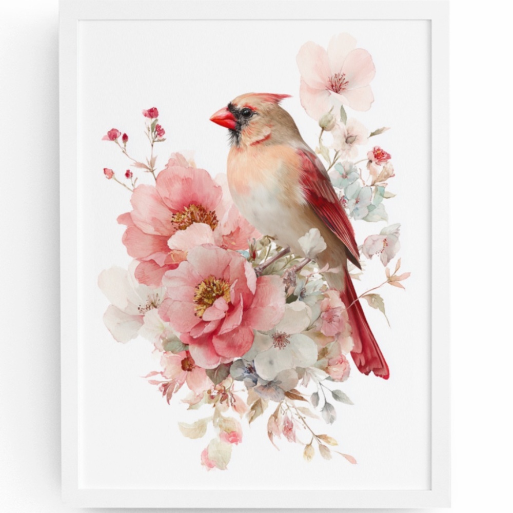 Watercolor Female Cardinal Bird with Flowers Wall Art Print Unframed